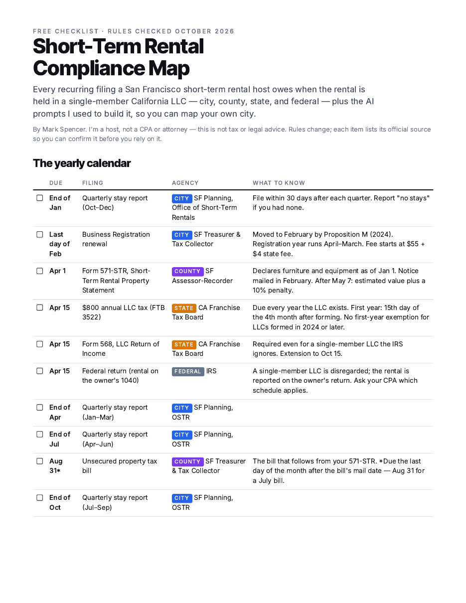 Page 1 of the Short-Term Rental Compliance Map: a yearly calendar of filings